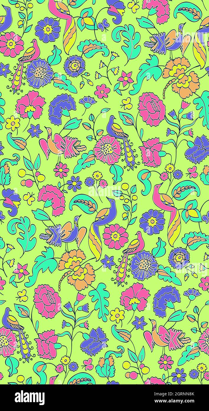 Motif fleuri sans couture sur le fond. Illustration de vecteur ethnique. Fleurs et oiseaux fantaisie. Style oriental Banque D'Images