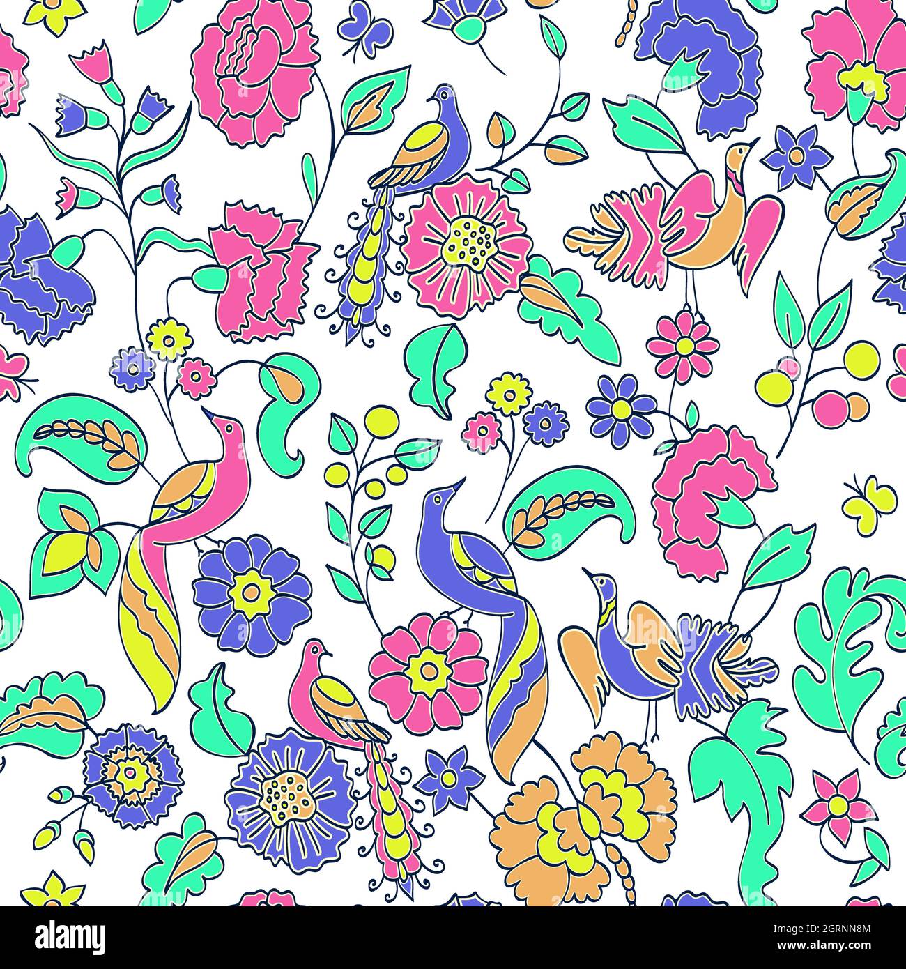 Motif fleuri sans couture sur le fond. Illustration de vecteur ethnique. Fleurs et oiseaux fantaisie. Style oriental Banque D'Images