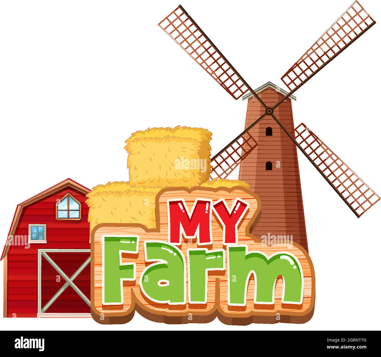 Conception de police pour mot ma ferme avec grange et moulin à vent Illustration de Vecteur