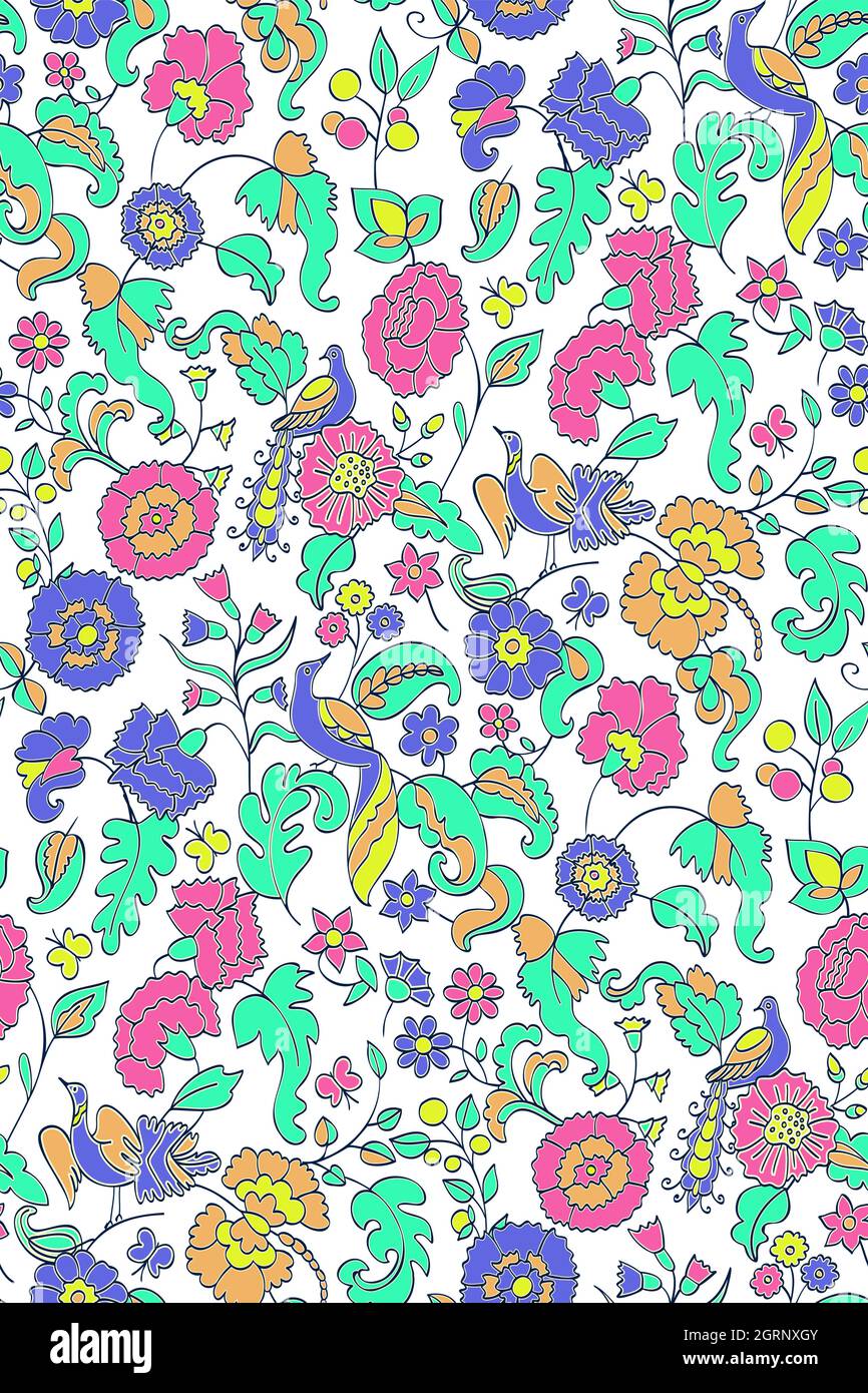 Motif fleuri sans couture sur le fond. Illustration de vecteur ethnique. Fleurs et oiseaux fantaisie. Style oriental Illustration de Vecteur