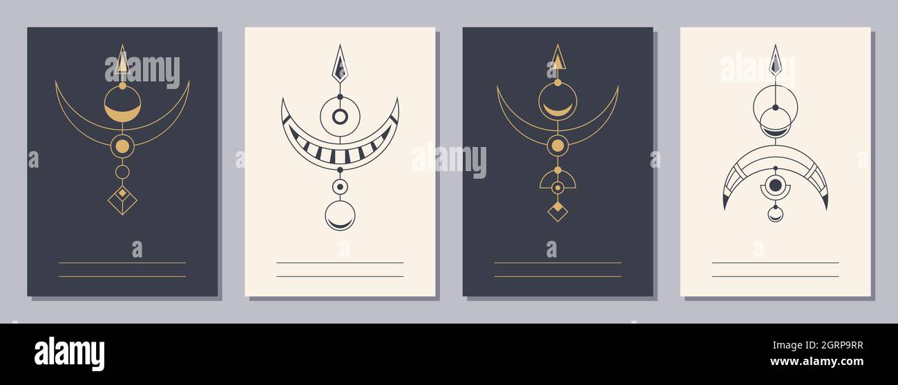 Ensemble de dépliants, affiches, écriteaux, modèles de conception de brochure format A6 avec icônes géométriques.Symboles de magie, alchimie, spiritualité, occultisme. Illustration de Vecteur