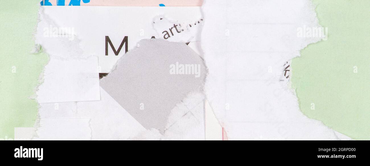 Vieux grunge déchiré déchirées collages vintage posters froissés papier froissé surface texture bannière arrière-plan Banque D'Images