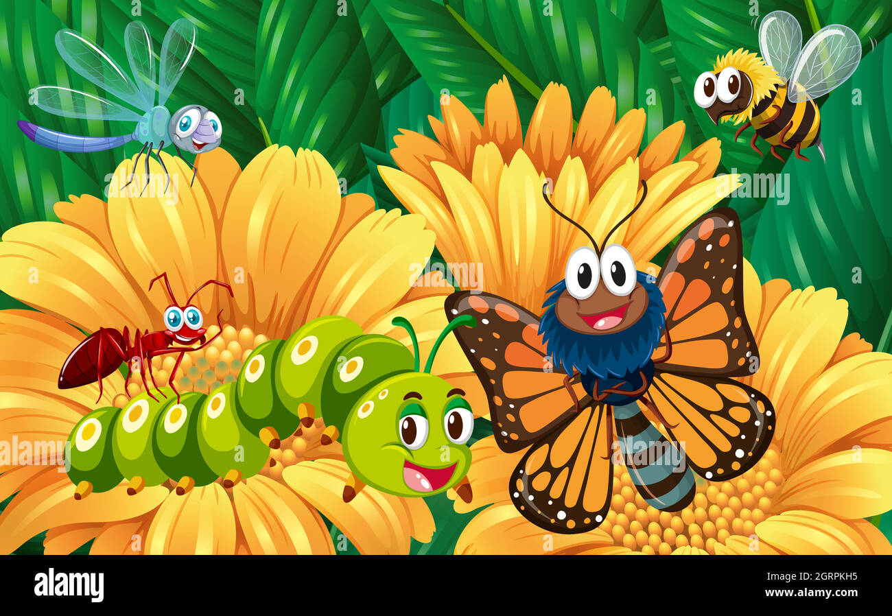 Insectes dans le jardin fleuri Illustration de Vecteur