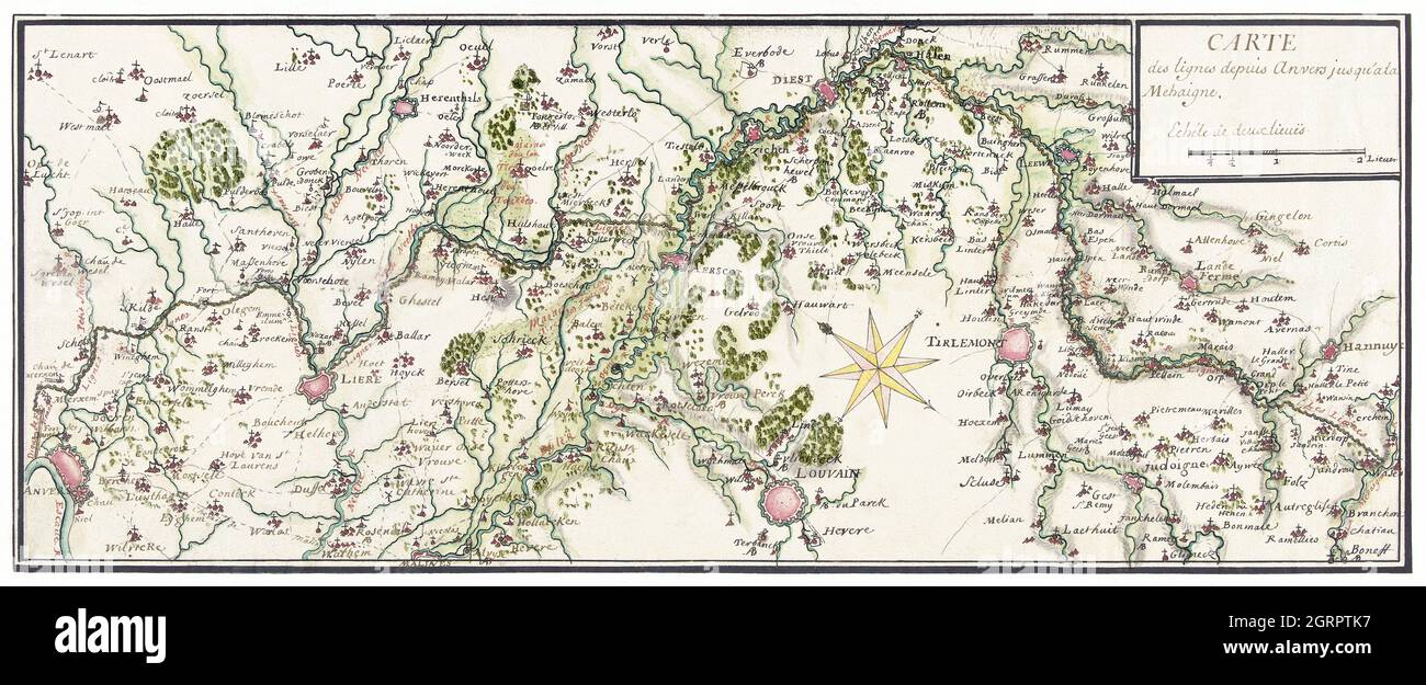 Gegeekende kaart van de Franse linies à Brabant (env.1705) par anonyme.Carte des lignes françaises à Brabant. Banque D'Images