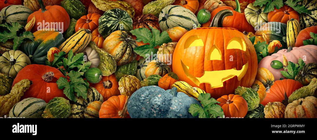 Jack-O-Lantern citrouille comme un heureux Halloween célébration fond avec des récoltes fraîches de courge ferme et de l'action de grâces coloré saison de l'automne de coups de fouet. Banque D'Images