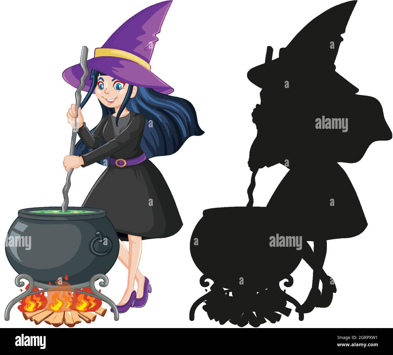 Sorcière en couleur et silhouette personnage de dessin animé isolé sur fond blanc Illustration de Vecteur