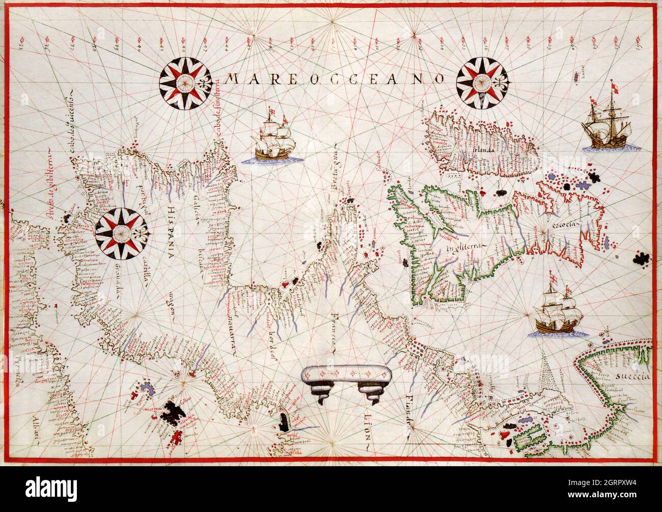 atlas de Portolan de la mer Méditerranée, de l'Europe occidentale et de la côte nord-ouest de l'Afrique: Carte du monde dessinée sur une projection ovale (ca. 1590) Banque D'Images