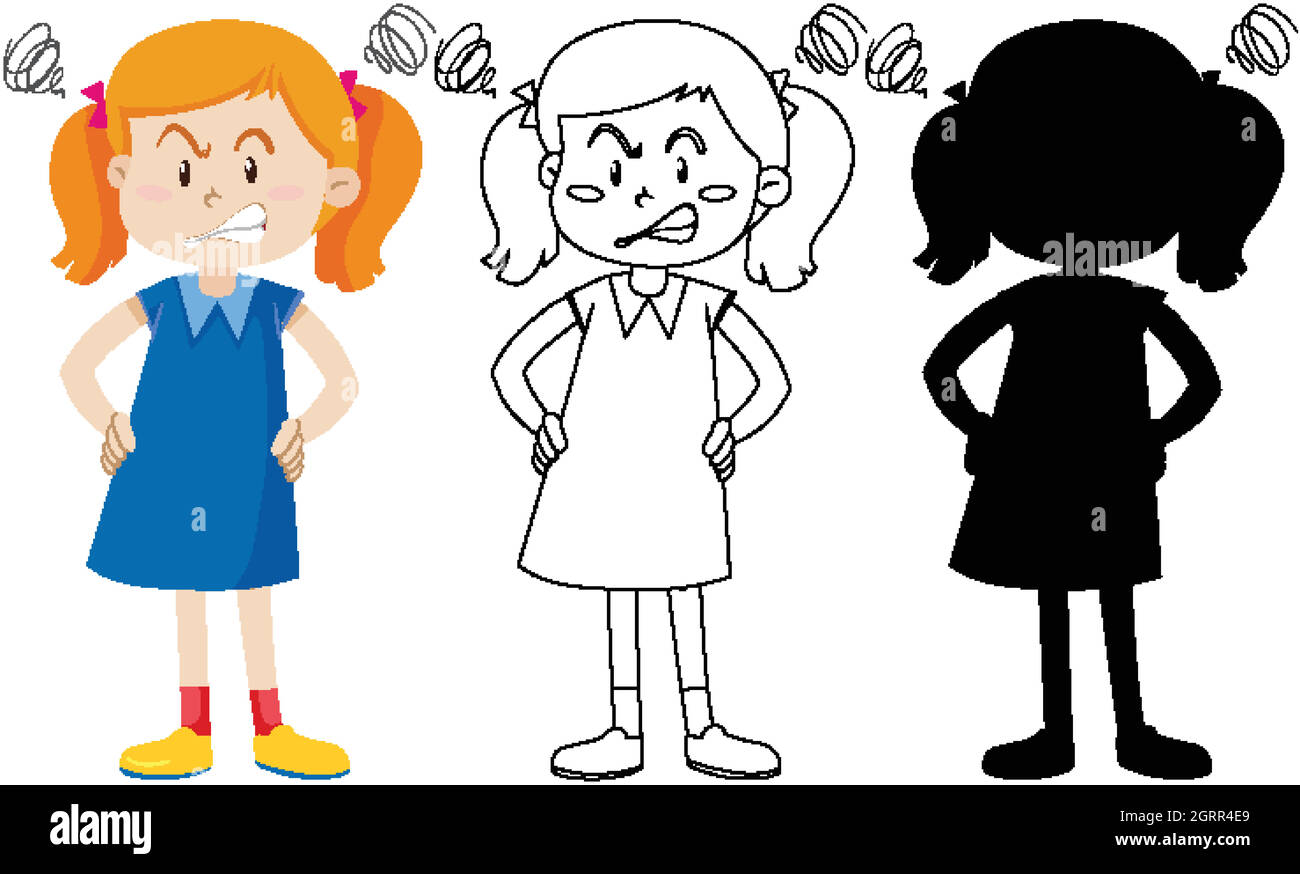 Fille en colère avec son contour et sa silhouette Illustration de Vecteur