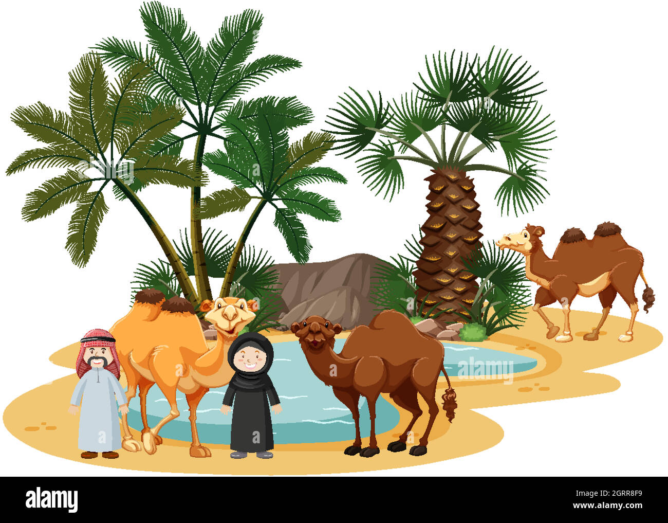 Oasis dans le désert avec chameau et éléments naturels sur fond blanc Illustration de Vecteur