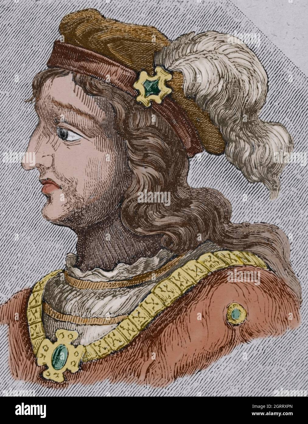 Gesaleico (d. 511). Roi Visigothic de 507 à 510. Il a joué dans la retraite à Hispania après la défaite contre les Francs à Vouillé. Portrait. Gravure. Coloration ultérieure. Las Glorias Nacionales. Volume II, édition Madrid-Barcelone, 1853. Banque D'Images