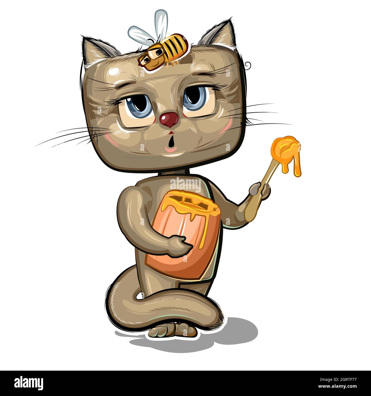 Chatons De Dessin Anime Avec Des Dents Douces Mangeant Du Miel De Petit Baril De Bois Chat Peur De L Abeille Illustration Puerile Amusante Dans Un Style De Dessin Anime Obje Isole Image