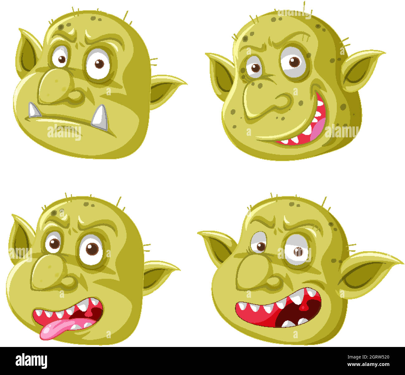 Ensemble de goblin jaune ou troll face dans différentes expressions dans le style de dessin animé isolé Illustration de Vecteur