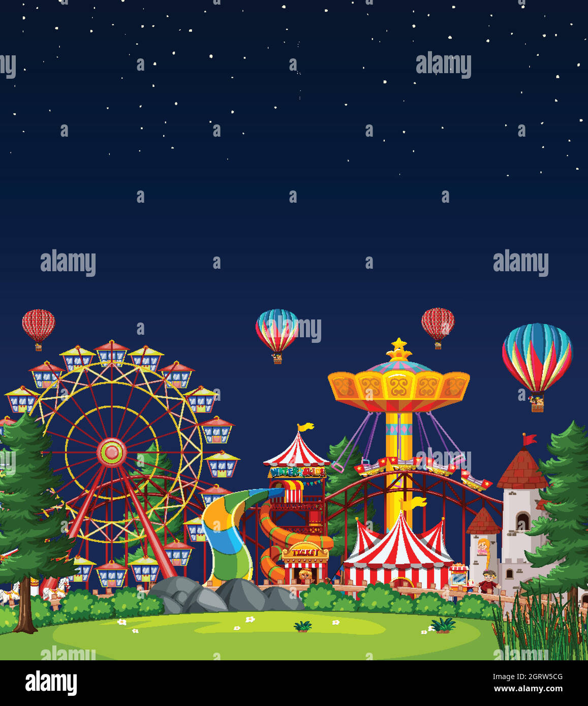 Scène de parc d'attractions la nuit avec ciel bleu foncé vierge Illustration de Vecteur