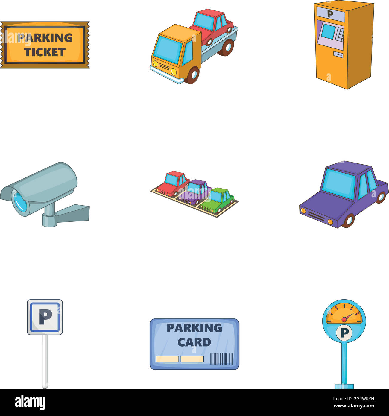 Jeux d'icônes de stationnement public, style caricature Illustration de Vecteur