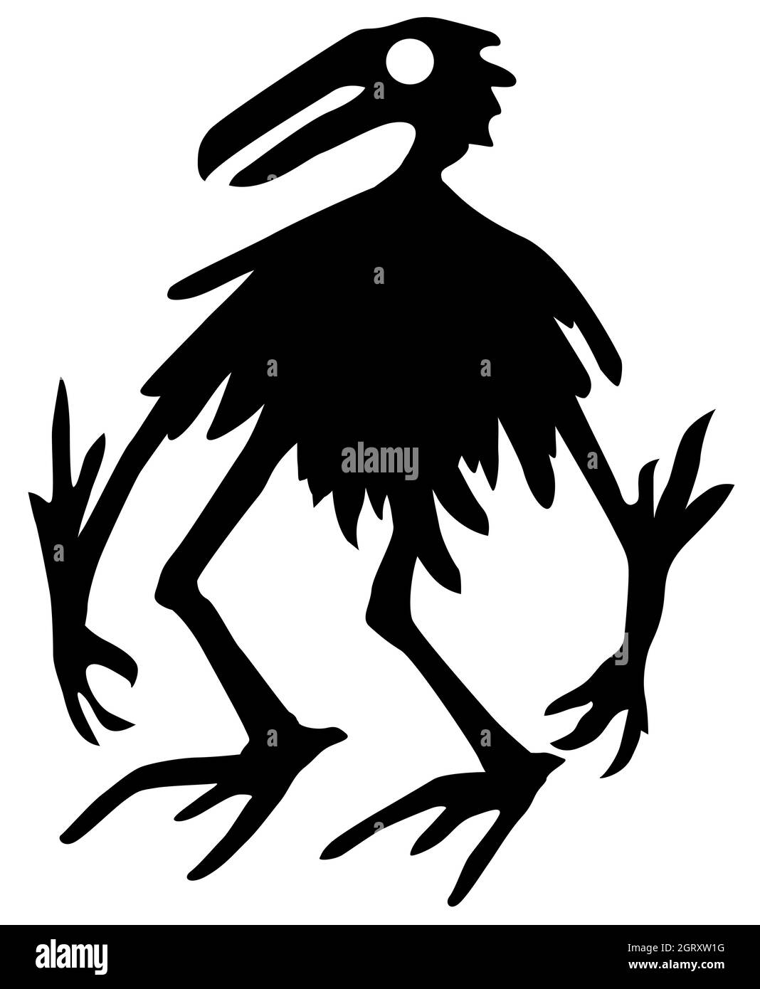 Monstre Halloween créature oiseau silhouette stencil noir, illustration vectorielle, vertical, sur blanc, isolé Illustration de Vecteur