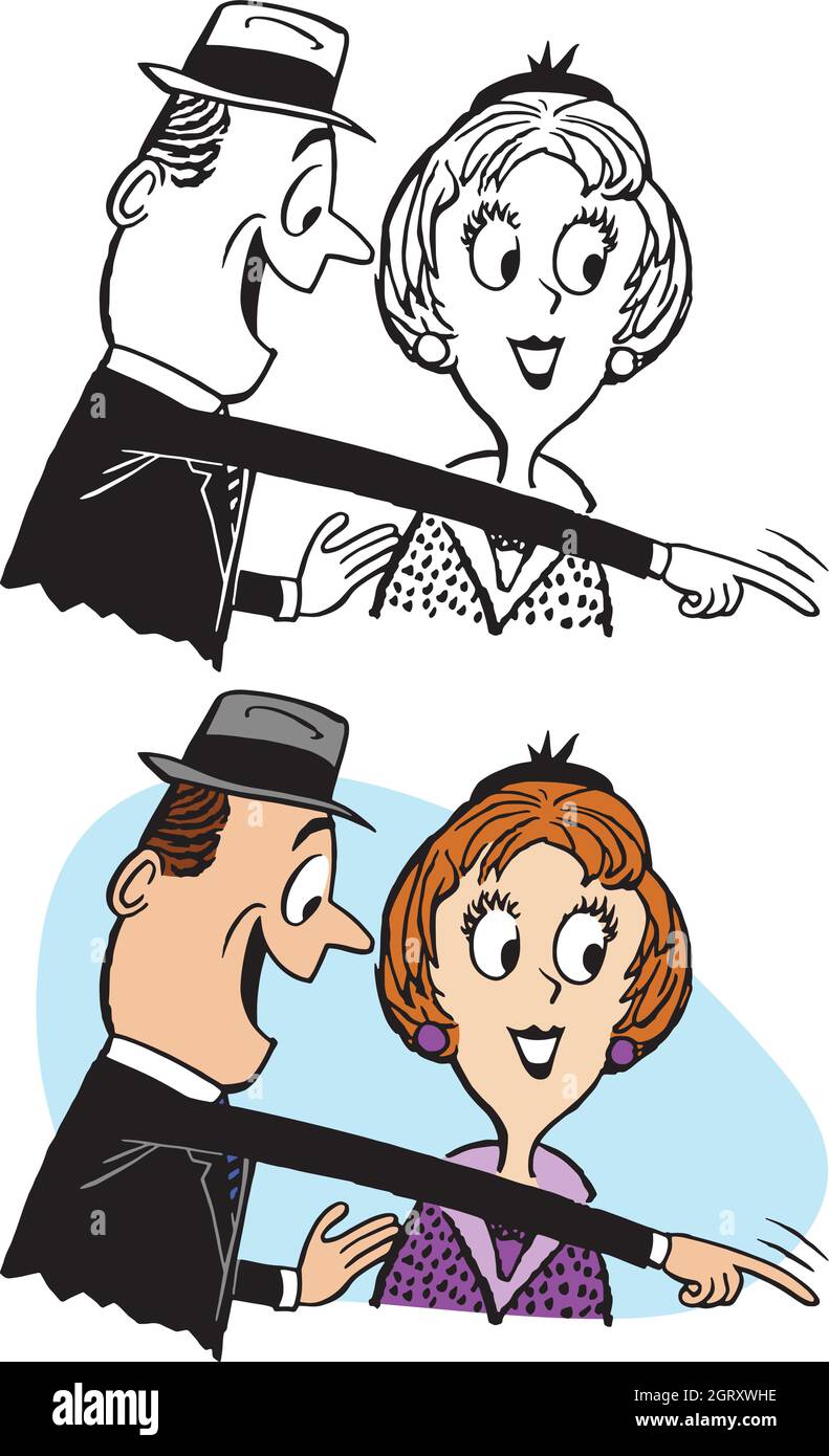 Un dessin animé rétro vintage d'un couple enthousiaste montrant quelque chose d'intéressant. Illustration de Vecteur