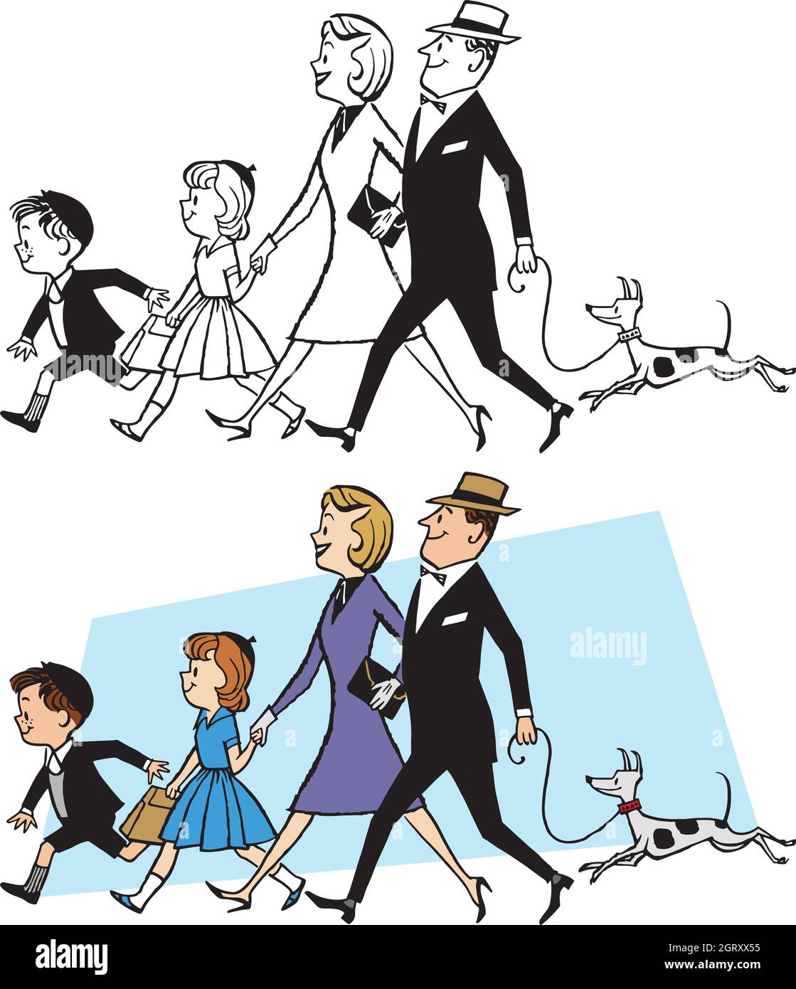 Un dessin animé rétro vintage d'une famille pour une promenade avec leur chien. Illustration de Vecteur