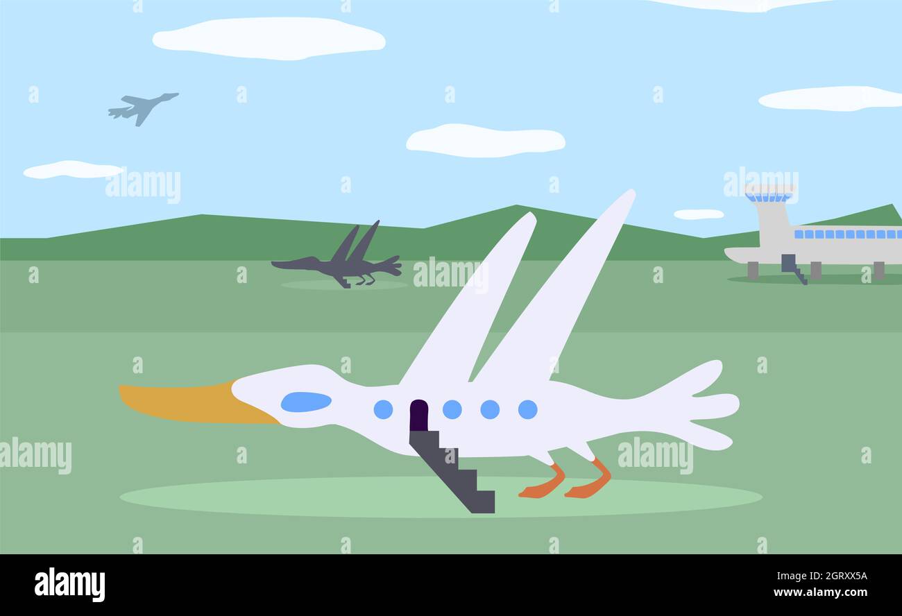 Avion en forme de canard drôle humoristique de voyage d'aéroport caricature de couleur vecteur illustration, horizontale Illustration de Vecteur