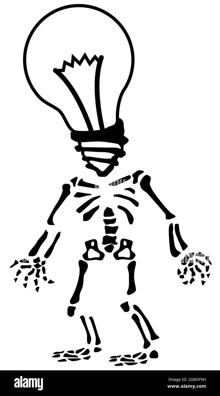 Squelette avec tête de lampe silhouette stencil noir, illustration vectorielle, vertical, sur blanc, isolé Illustration de Vecteur