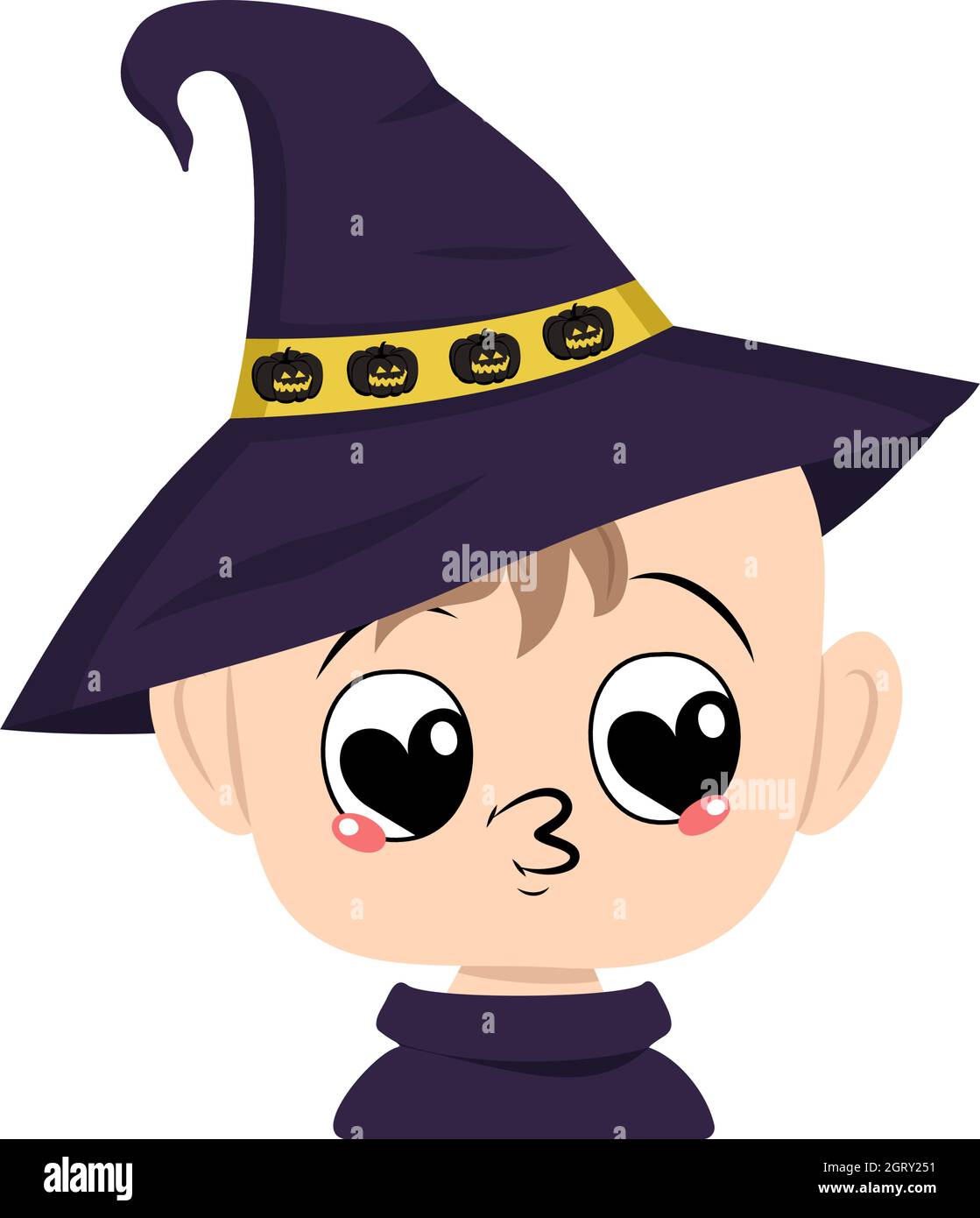 Avatar de l'enfant tombe amoureux des yeux coeurs, baiser visage dans chapeau de sorcière pointu avec citrouilles. La tête d'un tout-petit avec un visage joyeux. Décoration de fête d'Halloween Illustration de Vecteur