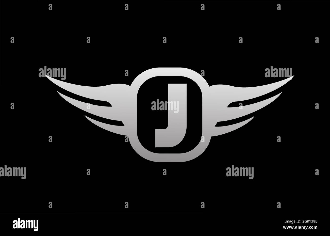 Lettre J logo pour les entreprises et les entreprises avec des ailes et noir et blanc de couleur grise. Icône en forme de lettres et de perles d'entreprise au design simple Illustration de Vecteur