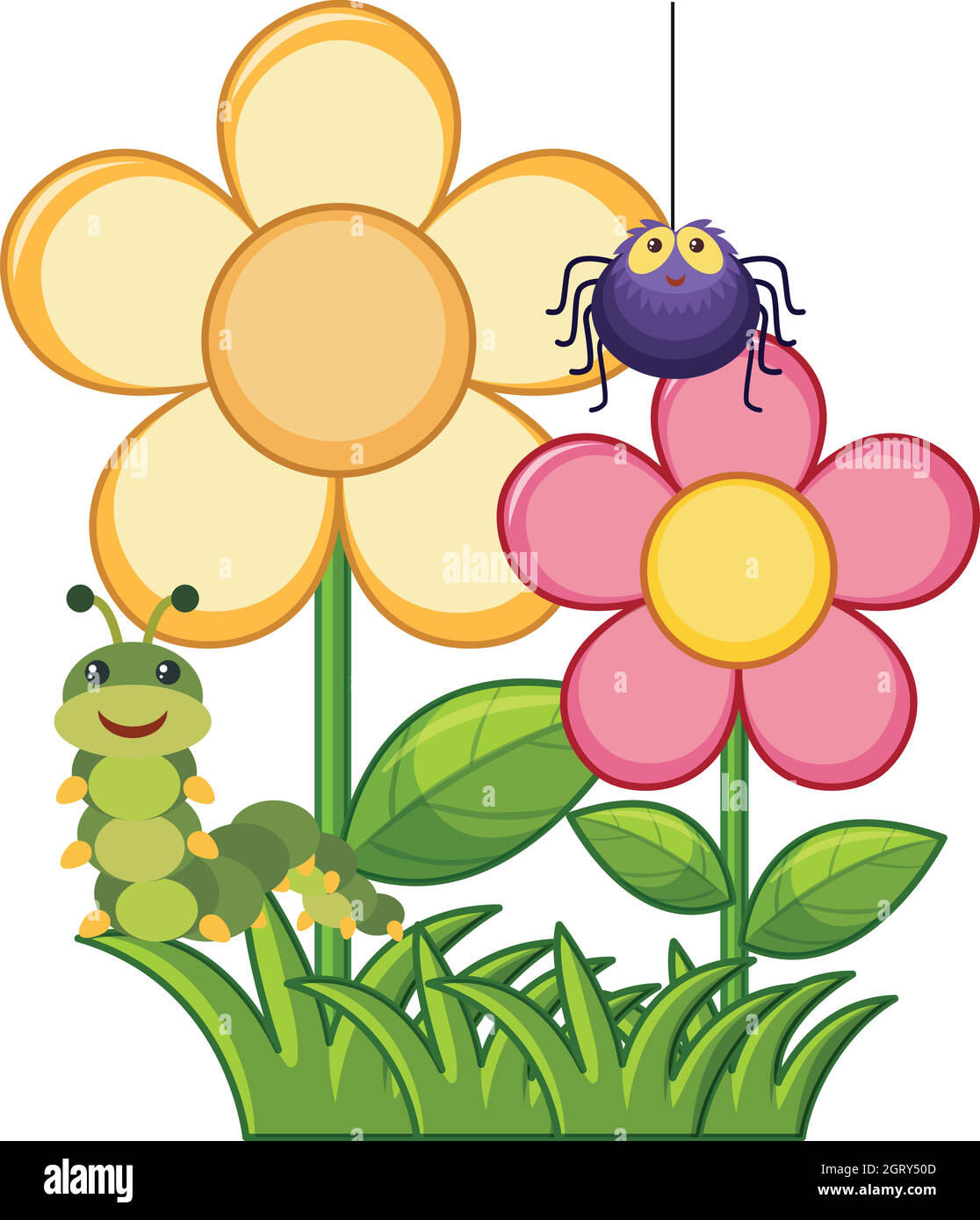 Araignée et chenille dans le jardin fleuri Illustration de Vecteur