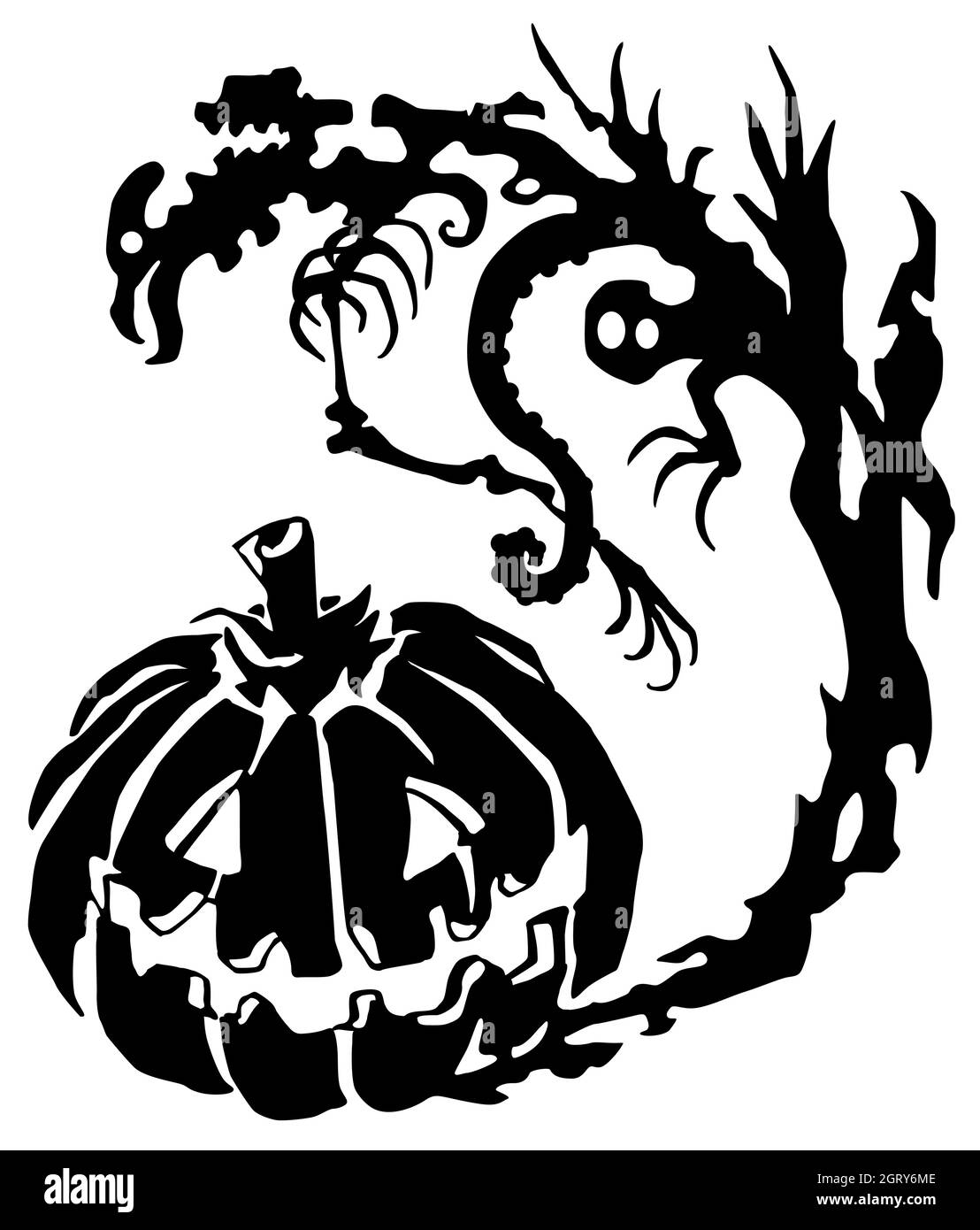 Monstre Halloween créature sculptée citrouille lanterne silhouette stencil noir, illustration vectorielle, horizontale, sur blanc, isolé Illustration de Vecteur