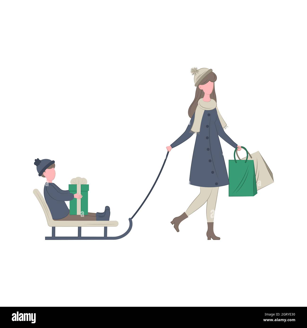 Femme traîneau à un enfant avec un cadeau. Shopping de Noël et vacances d'hiver. Illustration vectorielle plate. Promenade d'hiver maman avec bébé. Illustration de Vecteur