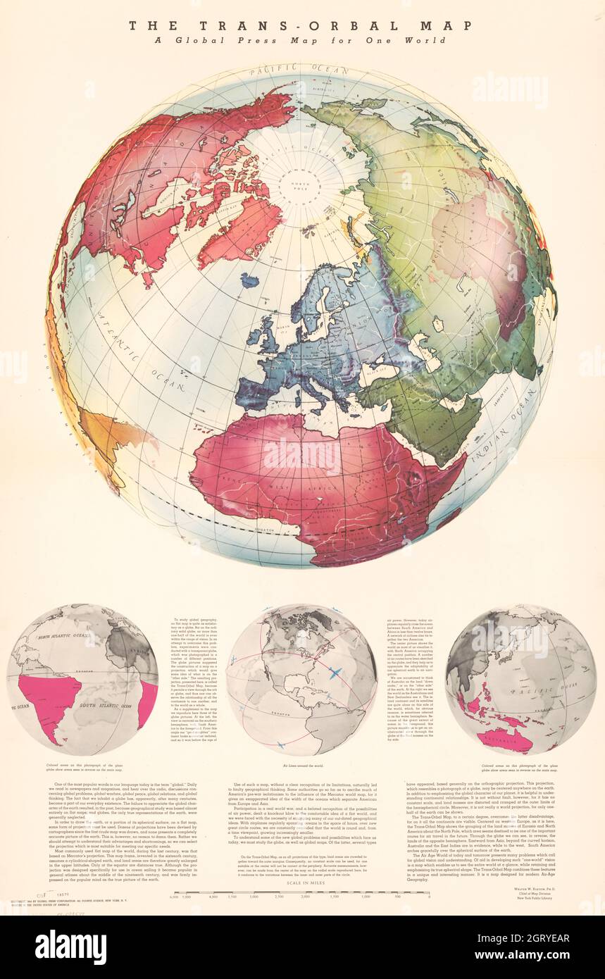 Carte du monde d'époque - la carte trans-orbal - une carte de la presse mondiale pour un monde. New York Global Press Corp., c 1944. Banque D'Images