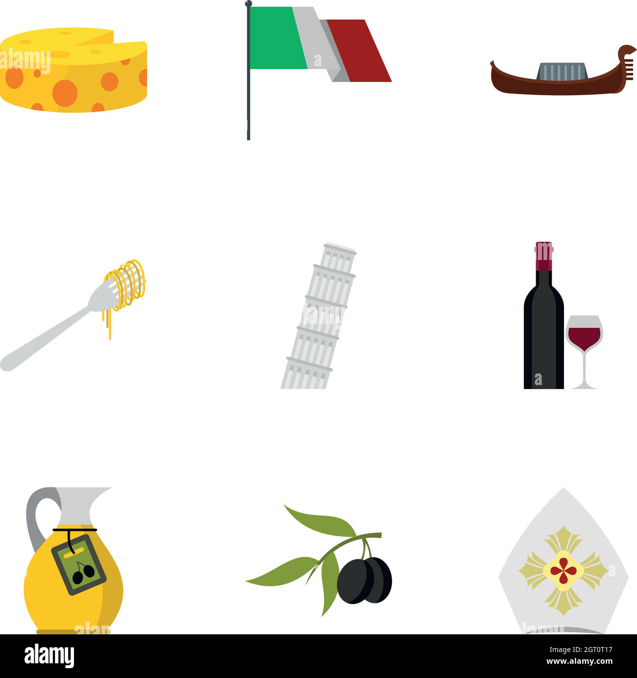 Ensemble de symboles italiens traditionnels, style plat Illustration de Vecteur