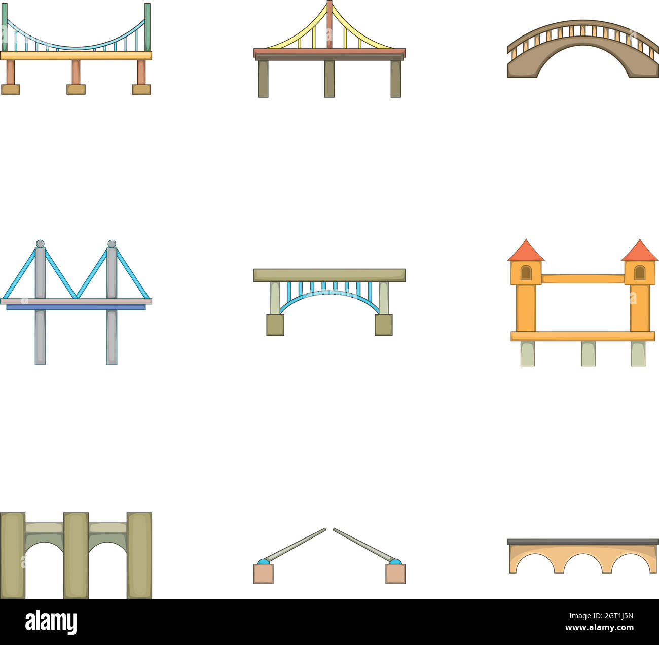 Différents types d'icônes de ponts ensemble, style de dessin animé Illustration de Vecteur