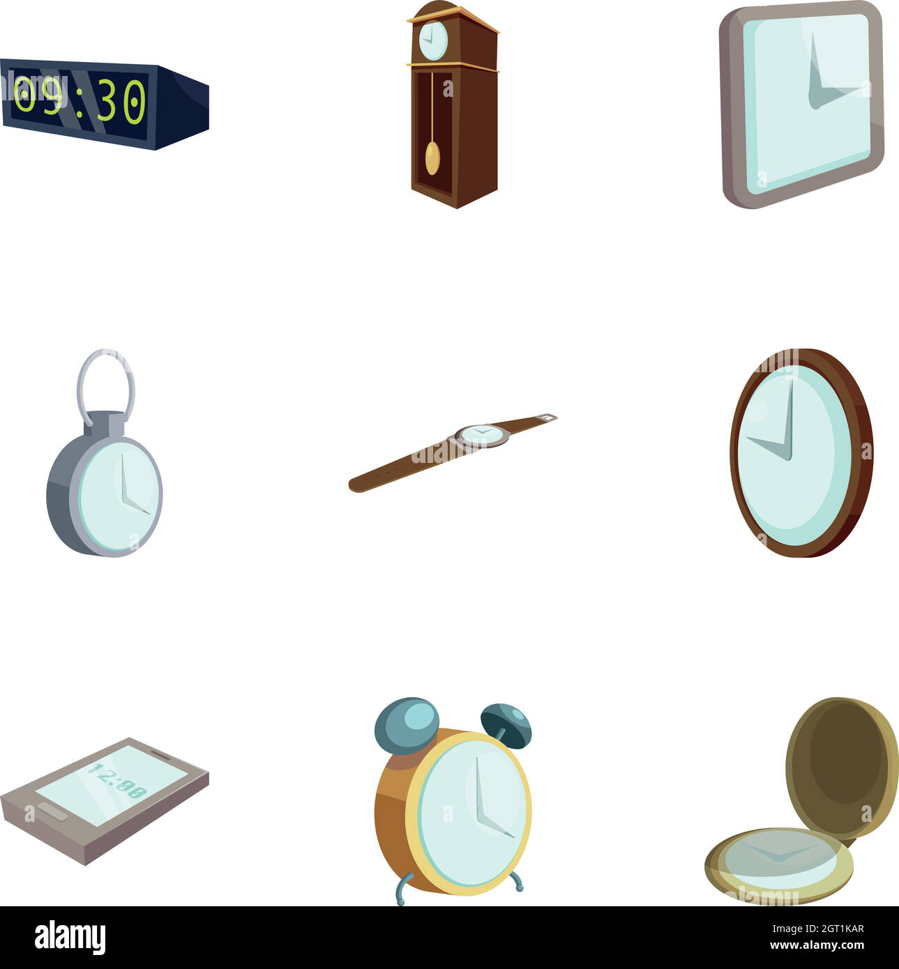 Différentes montres icônes ensemble, style de dessin animé Illustration de Vecteur