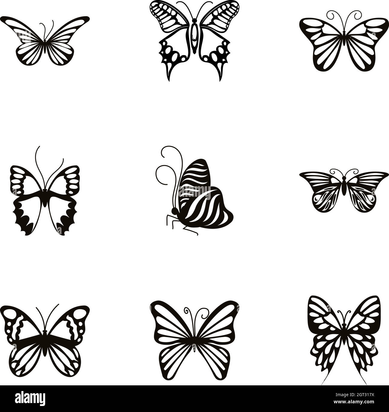 Ensemble d'icônes papillon noir et blanc, style de dessin animé Illustration de Vecteur