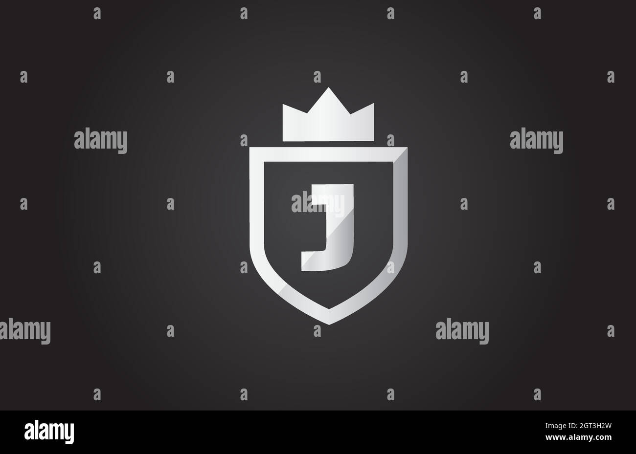 Icône du logo lettre J en gris et noir. Conception de bouclier pour l'identité de l'entreprise avec couronne de roi Illustration de Vecteur