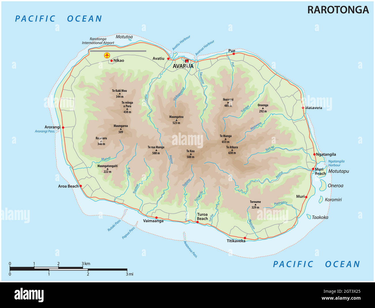 Carte vectorielle de l'île volcanique du Pacifique de Rarotonga, Îles Cook Illustration de Vecteur