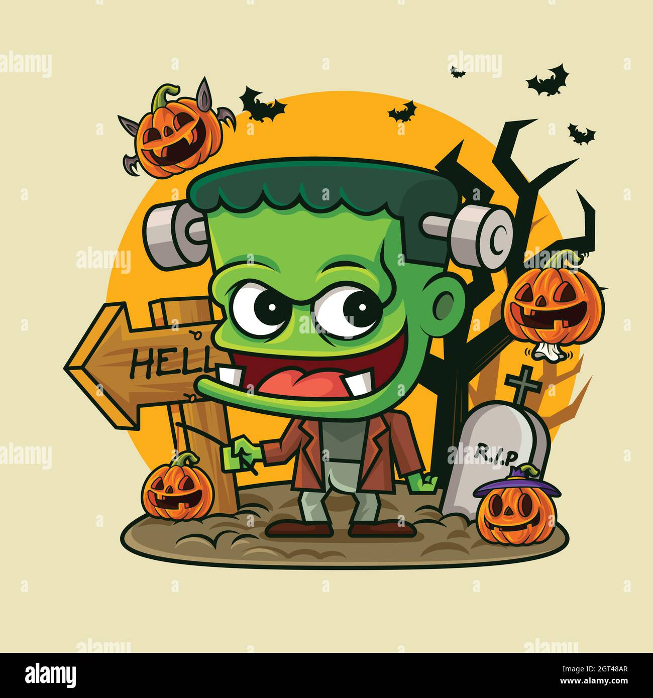 Dessin animé petit monstre vert tenant la lanterne de citrouille avec de petits citrouilles fantômes sur fond créepy halloween Illustration de Vecteur