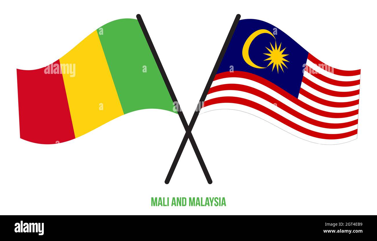 Mali et Malaisie drapeaux croisés et ondulant le style plat. Proportion officielle. Corriger les couleurs. Banque D'Images