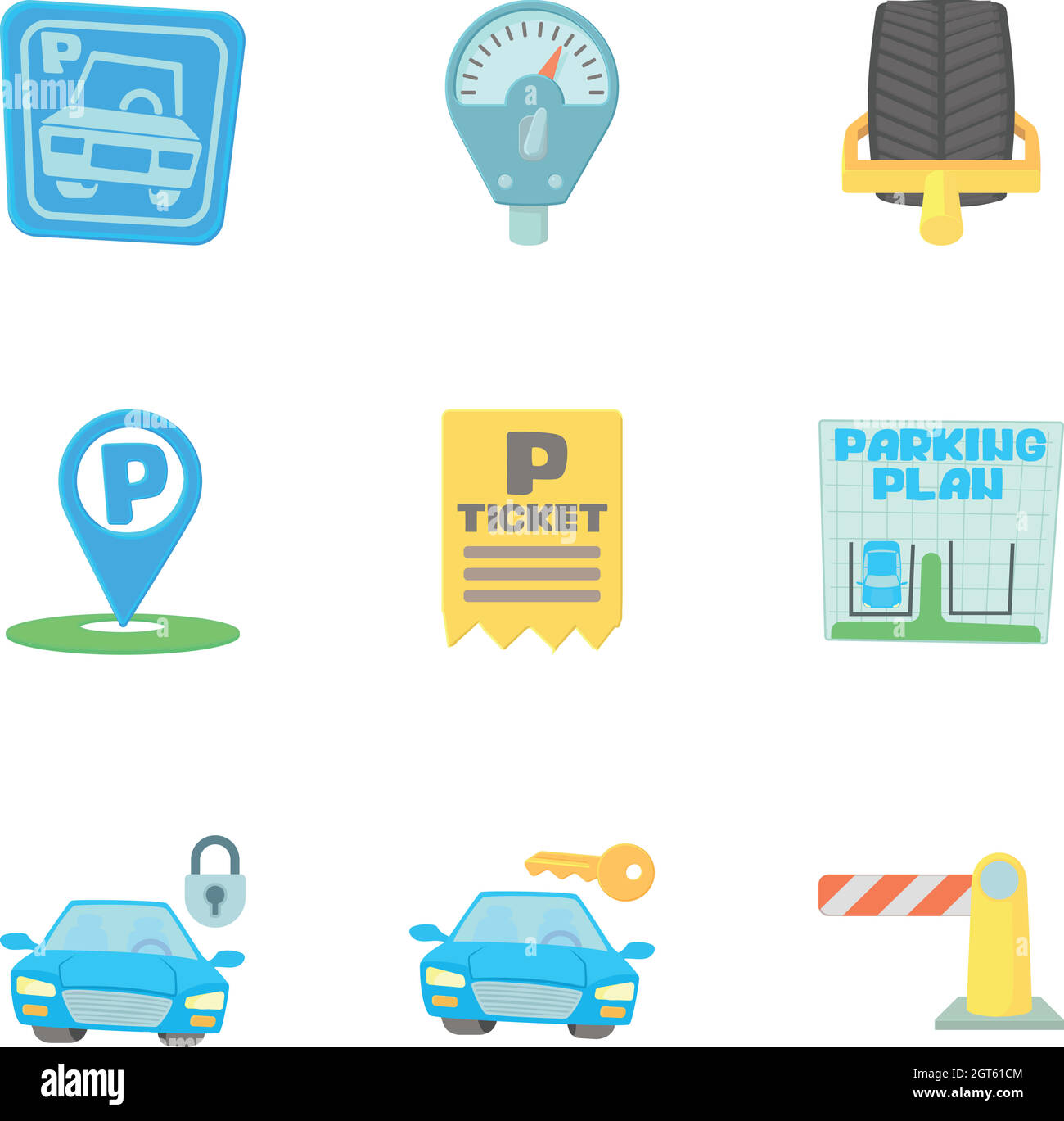 Les icônes de la zone de parking, jeu de style cartoon Illustration de Vecteur