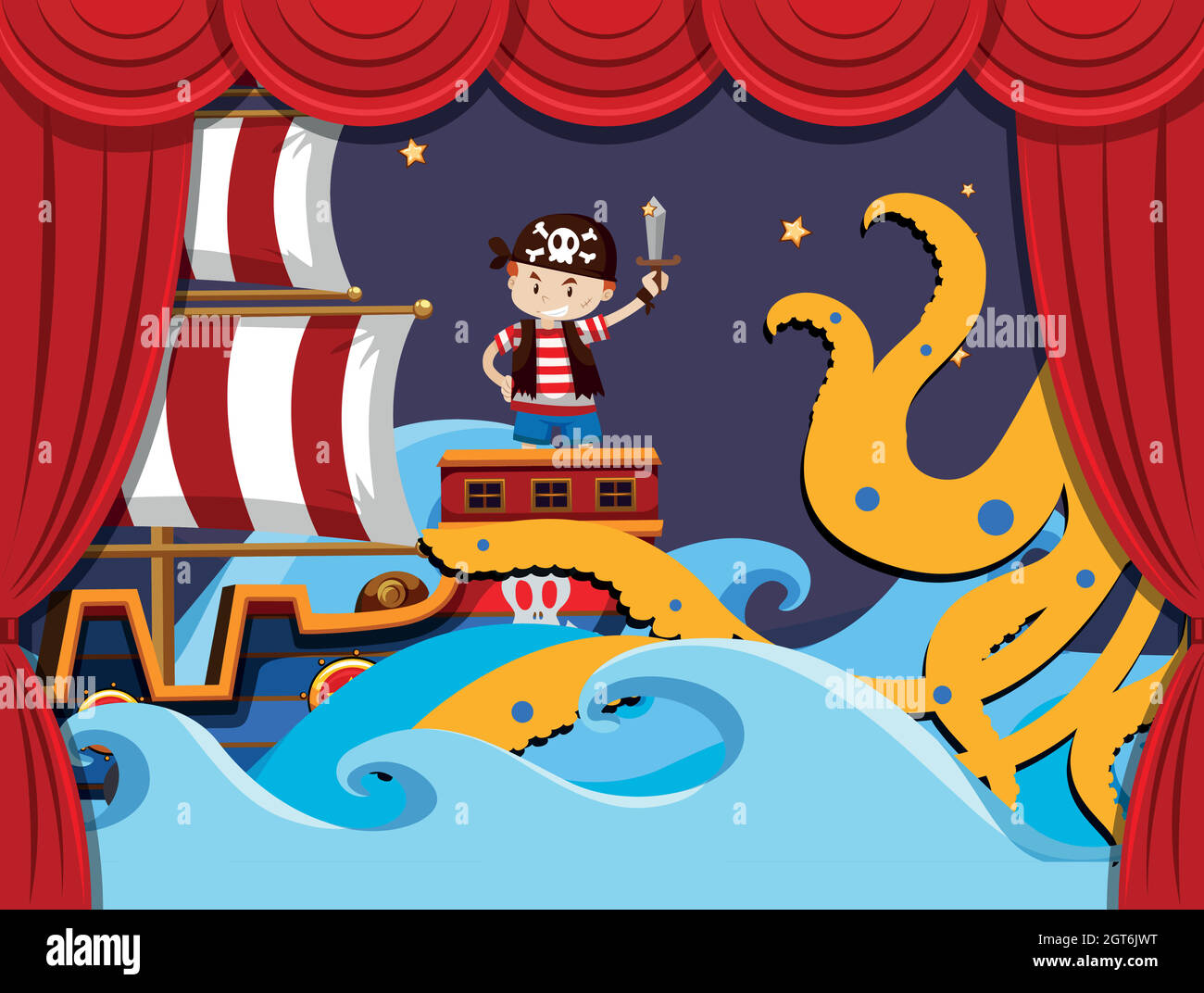 Jouer sur scène avec le pirate combattant kraken Illustration de Vecteur