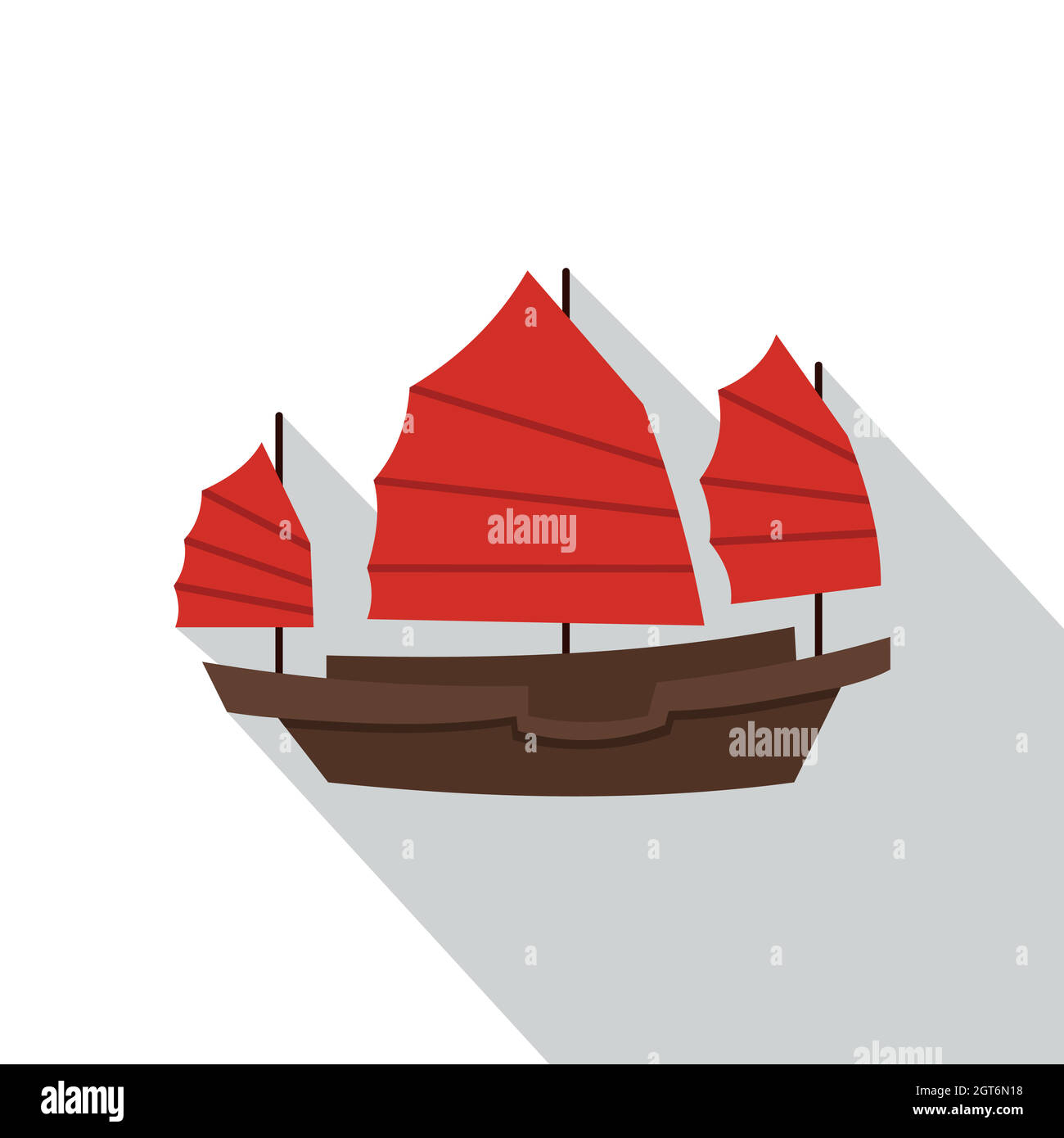 Bateau chinois avec icône voiles rouges, style plat Illustration de Vecteur