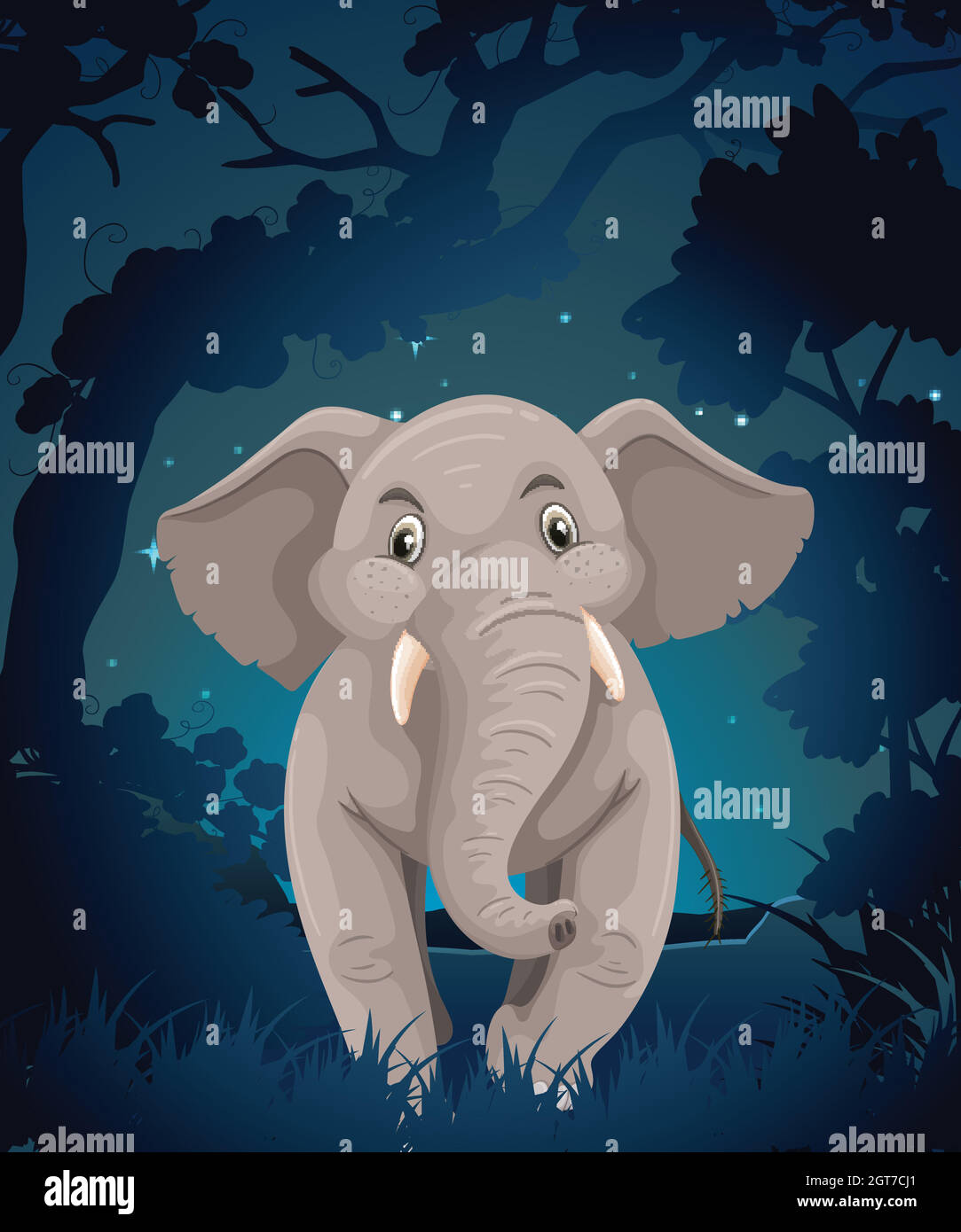Mignon éléphant dans la forêt la nuit Illustration de Vecteur