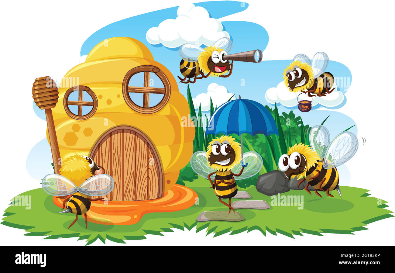 Maison en nid d'abeille avec le style de dessin animé des abeilles sur
