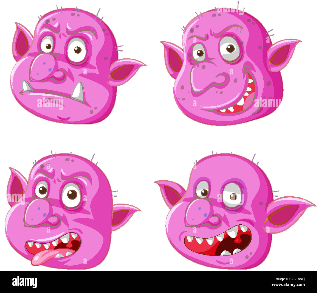 Ensemble de goblin rose ou troll face dans différentes expressions dans le style de dessin animé isolé Illustration de Vecteur