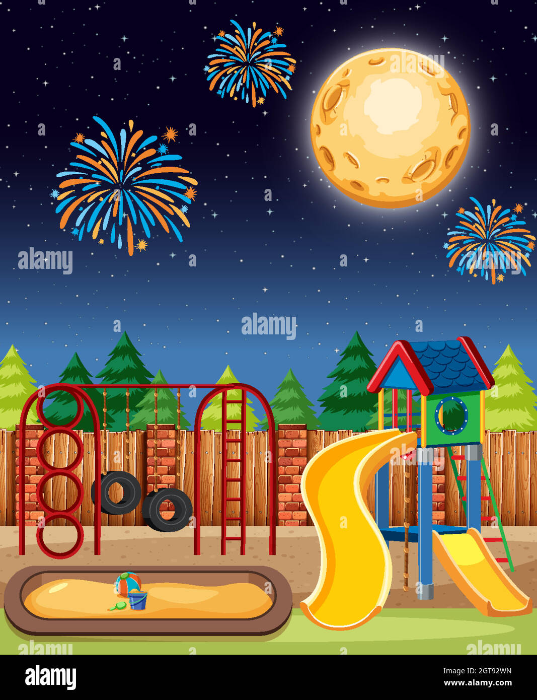 Aire de jeux pour enfants dans le parc avec une grande lune et des feux d'artifice dans le ciel en style de dessin animé nocturne Illustration de Vecteur