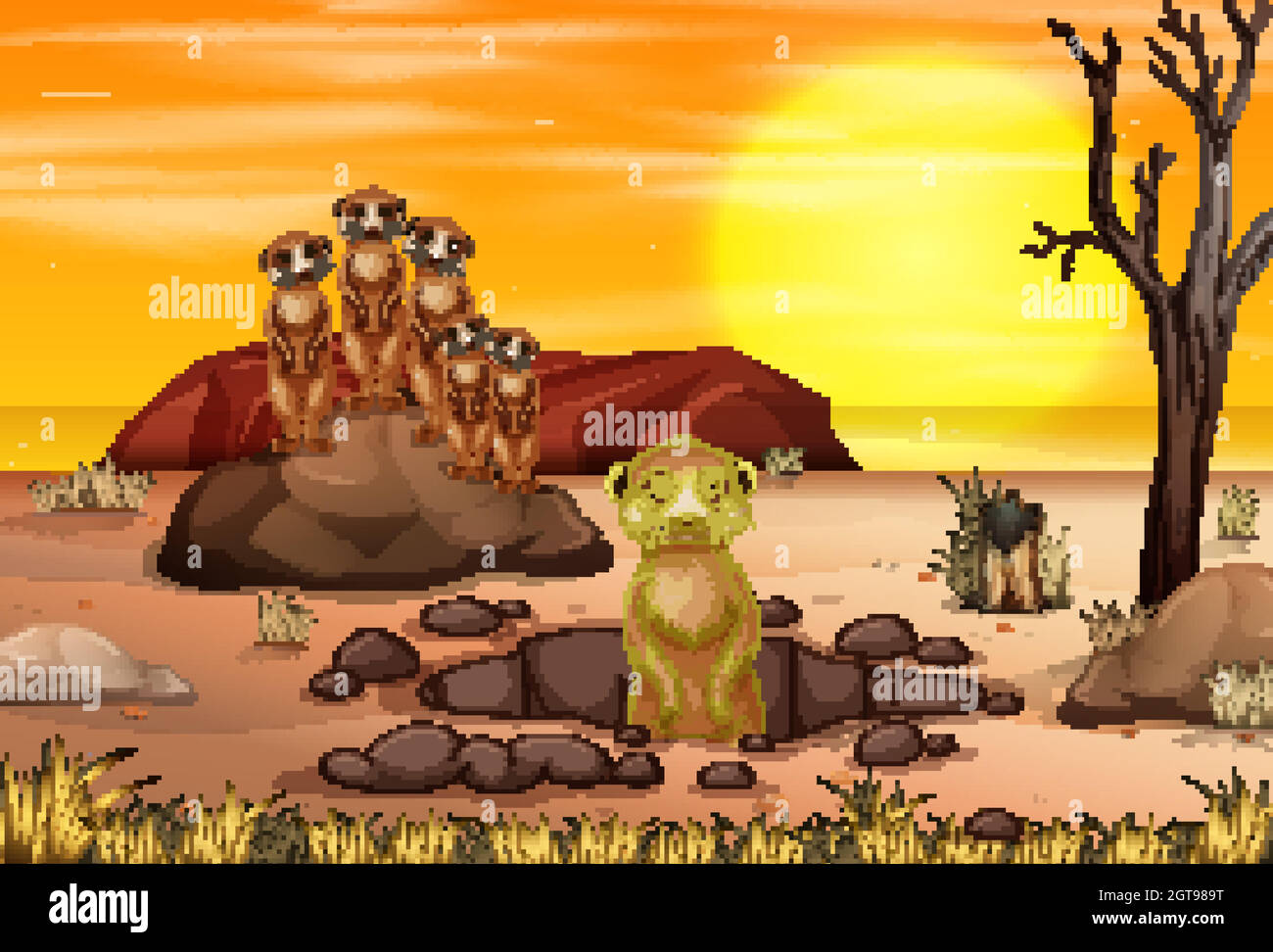 Scène avec meerkat vivant ensemble dans le domaine de la savane Illustration de Vecteur