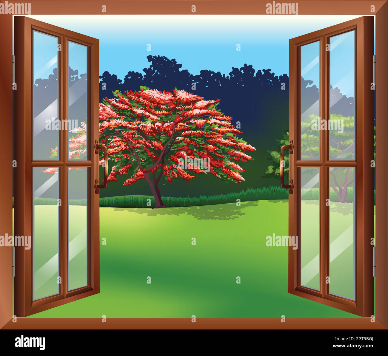 Une fenêtre ouverte avec vue sur le grand arbre Illustration de Vecteur Une fenêtre ouverte avec vue sur le grand arbre Illustration de Vecteur