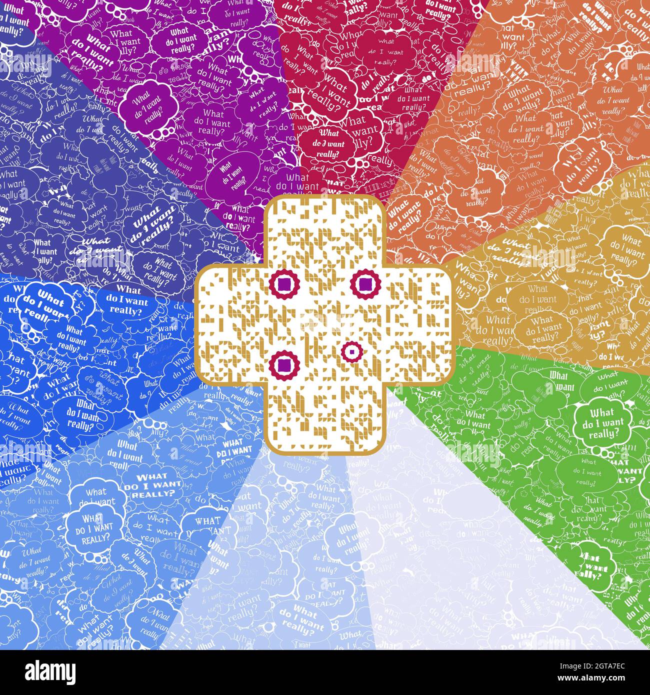 Code QR en forme de plâtre adhésif dans des formes géométriques dans des teintes colorées illustrées avec des bulles de pensée avec texte anti psycho virus dans la conception carrée. Banque D'Images