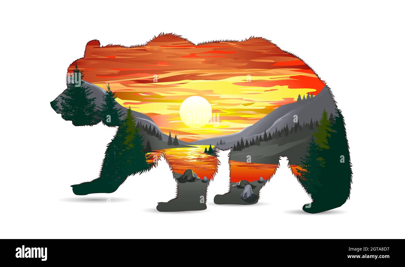 Silhouette d'un ours brun sauvage. La faune, les montagnes, la forêt, la rivière et le soleil avec des nuages sont représentés à l'intérieur du contour de l'ours. Illustration de Vecteur