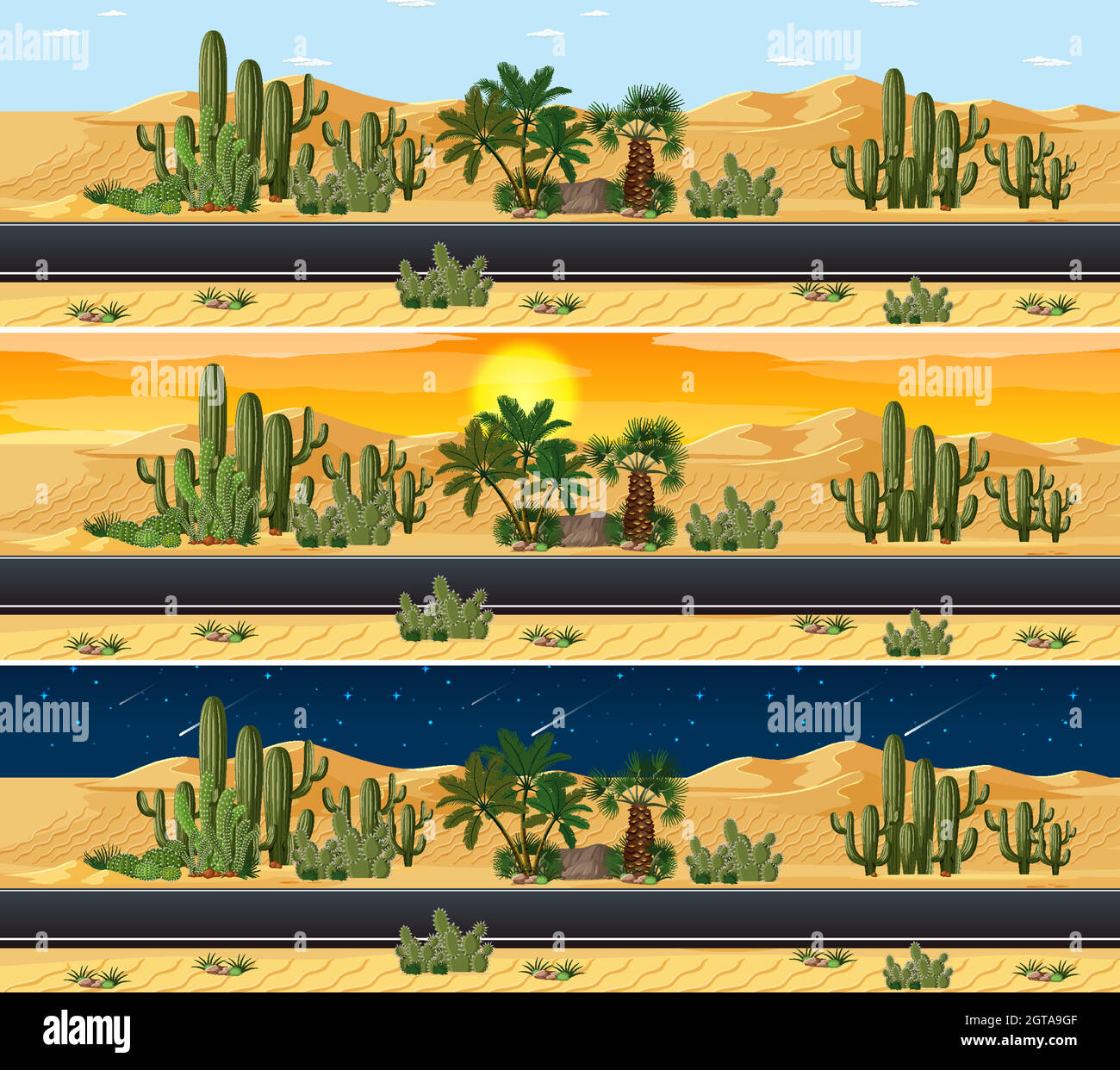 Paysage désertique à différentes heures dans une journée Illustration de Vecteur