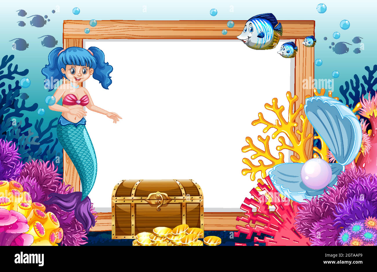 Mermaid et thème d'animal de mer avec bannière vierge style de dessin animé sur fond sous la mer Illustration de Vecteur
